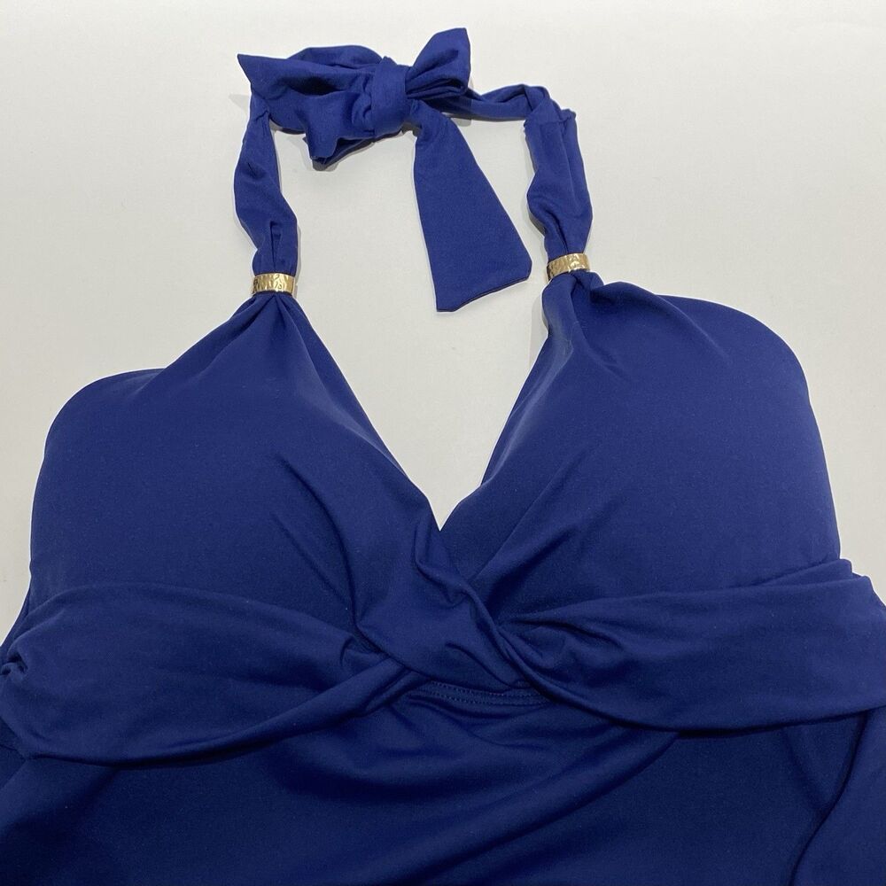 Lauren Ralph Lauren Twist Molded Cup Halter Tankini Top Blue Size 6 Gold Charms - Picture 3 of 9